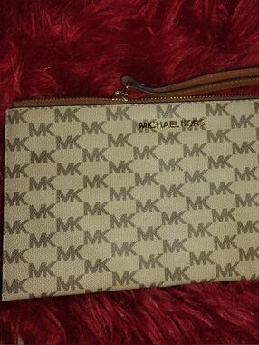 New Michael Kors Beige and Brown MK Logo Wristlet with Gold Hardware